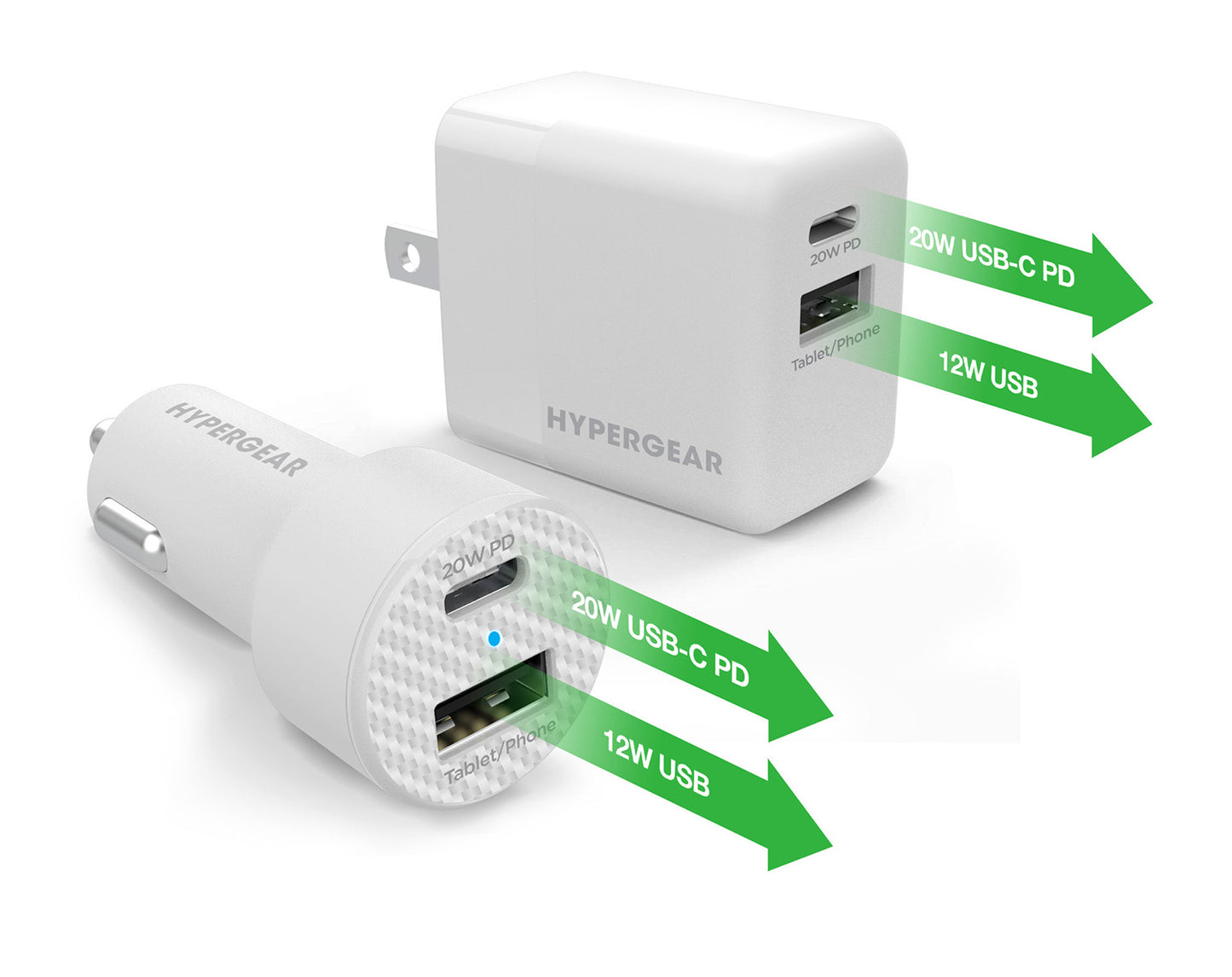 Pack HyperGear 20 W blanc double port USB-A + USB-C CLA + chargeur mural
