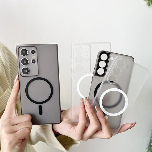 Coque magnétique ultra-fine et transparente mate pour Samsung Galaxy S24, S25 Ultra, S22, S23 Plus, S24 Ultra, protection d'objectif en PC